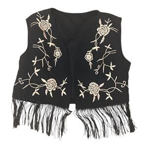 Shein Fringed Black & Khaki Embroidered Floral Vest Ladies Size S